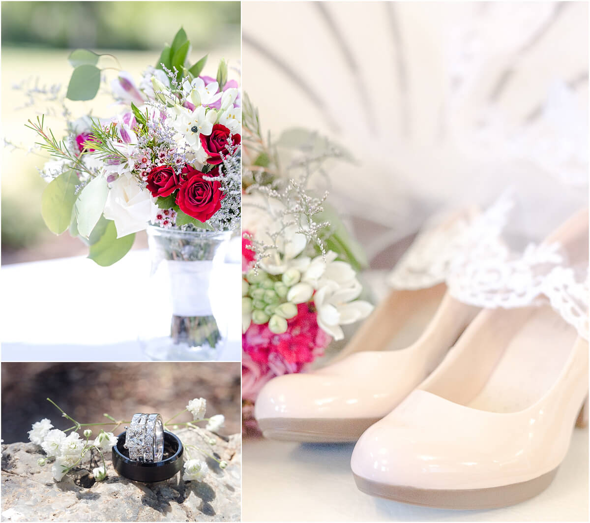 Bridal details - bouquet, shoes, and rings