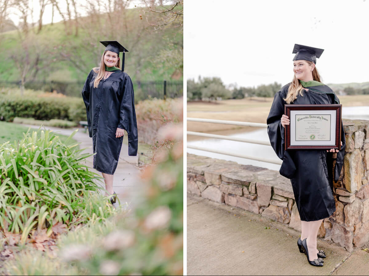 Woman in graduation gown with cap and tassel holding diploma