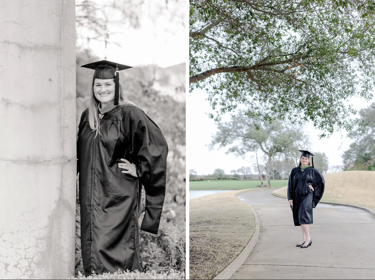 Woman in graduation gown standing on path at Ruby Hill