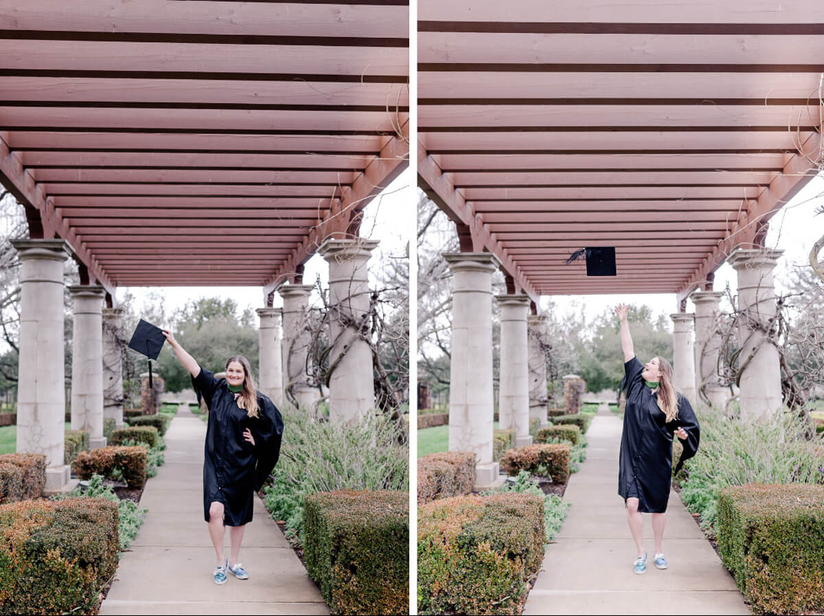 Woman in graduation gown at Ruby Hill in Pleasanton tossing cap into the air