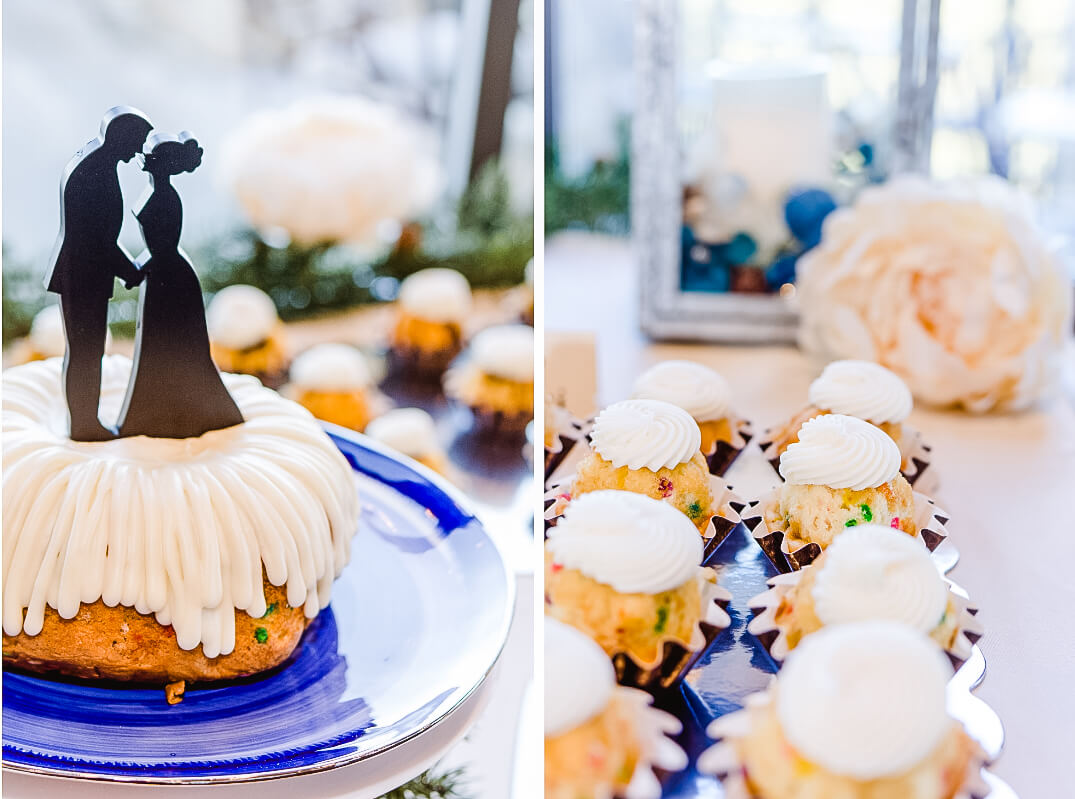 Bundt cake with silhouette wedding cake topper alongside bundt cupcakes