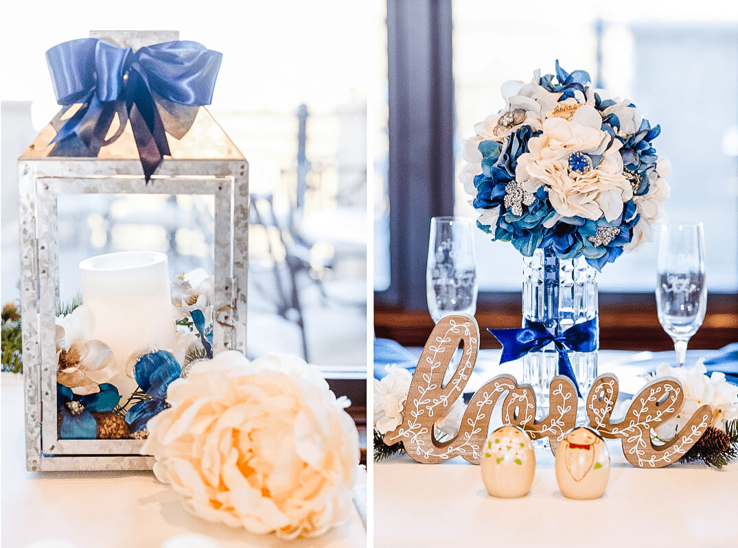 Blue wedding decorations at Poppy Ridge event center