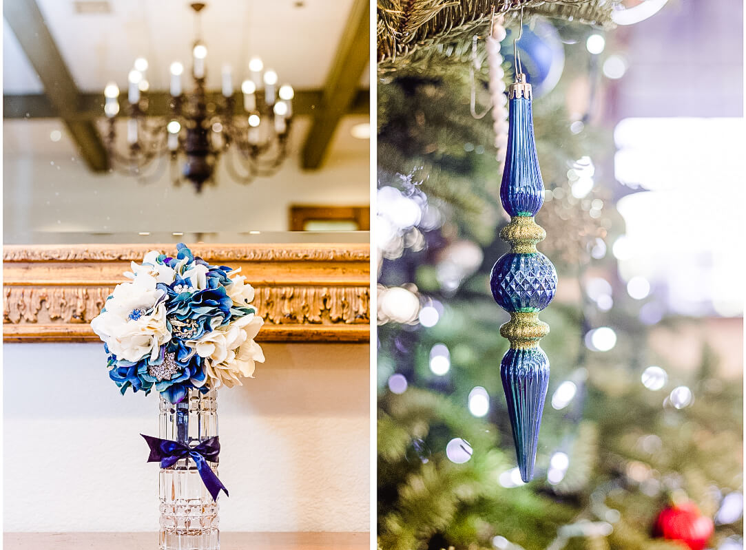 Blue and white DIY bouquet and blue ornament.