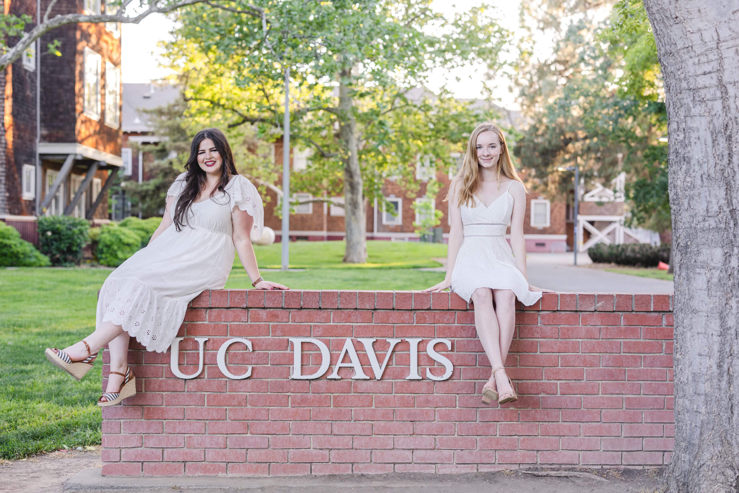 UCD seniors sitting on the Davis sign